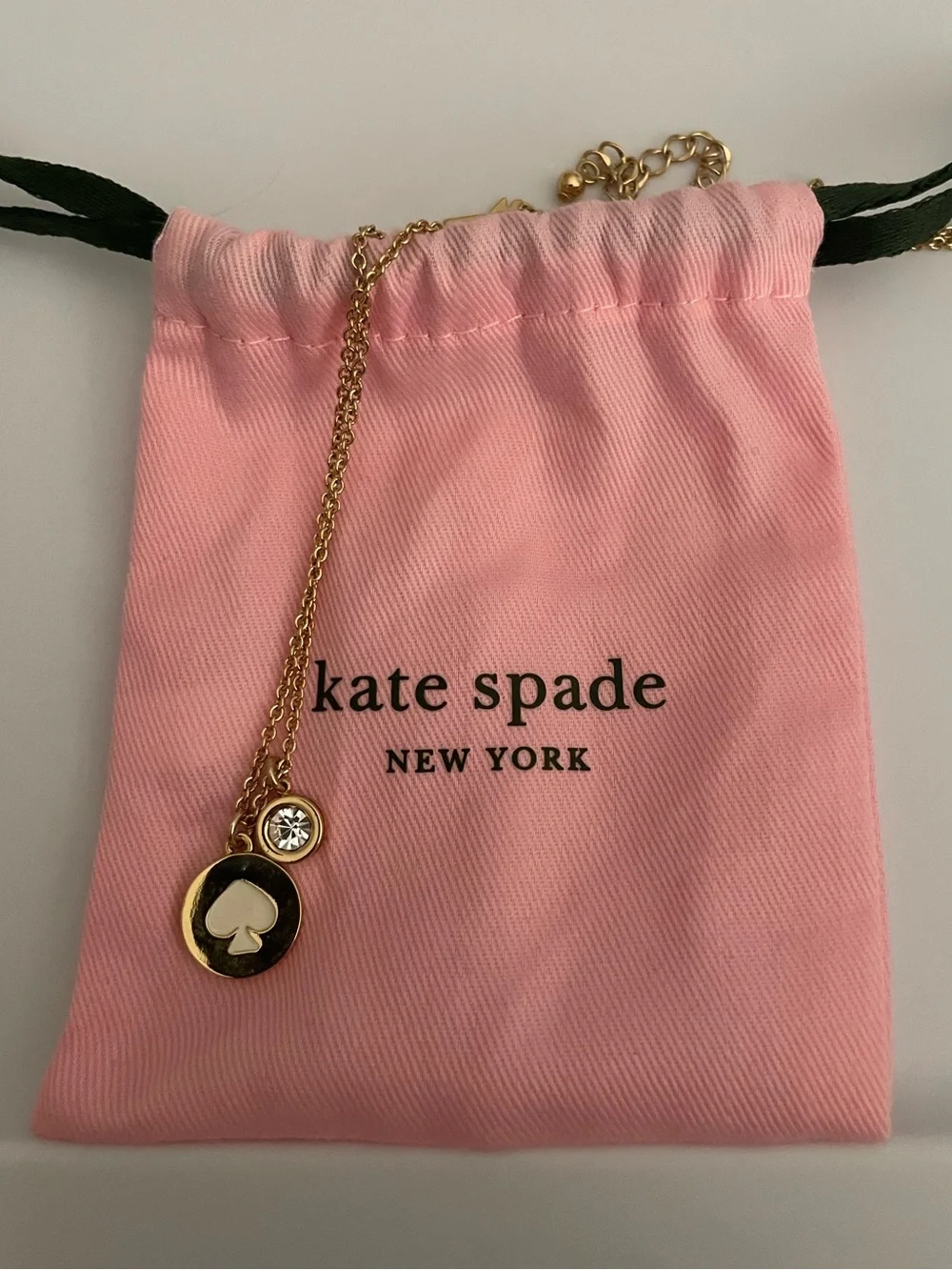 Kate Spade ♠️ Gold Circular Spade Pendant Necklace with Crystal Drtail